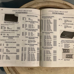 May include: A catalog page with a list of Corvette door panels for sale. The page includes part numbers, descriptions, and prices for various years and models. The page also includes images of the door panels.