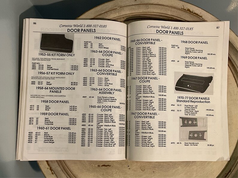May include: A catalog page with a list of Corvette door panels for sale. The page includes part numbers, descriptions, and prices for various years and models. The page also includes images of the door panels.