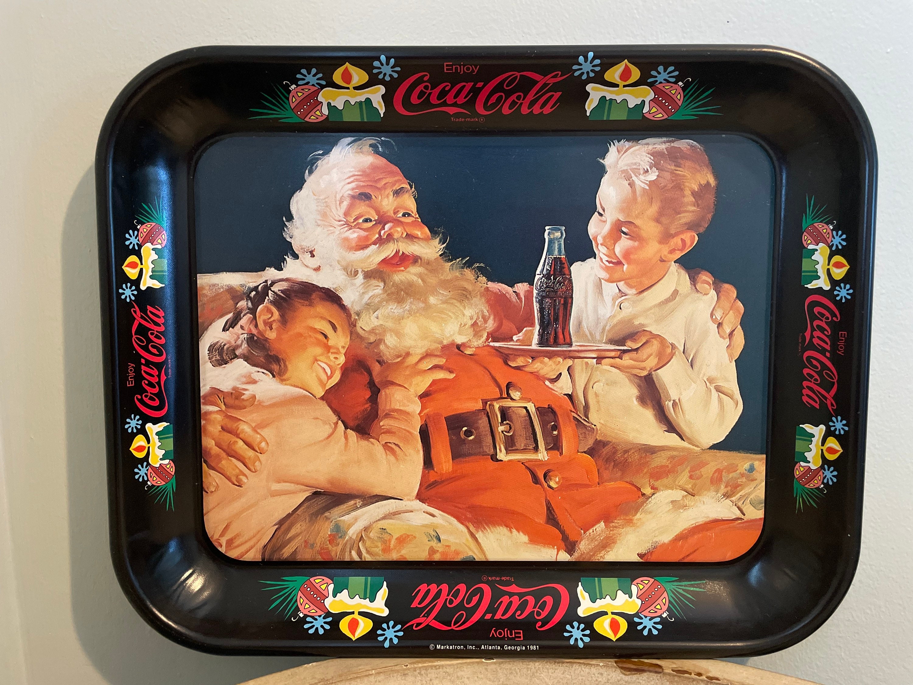 Vintage Coca Cola Tray Kids Enjoying Time With Santa Christmas Decor 