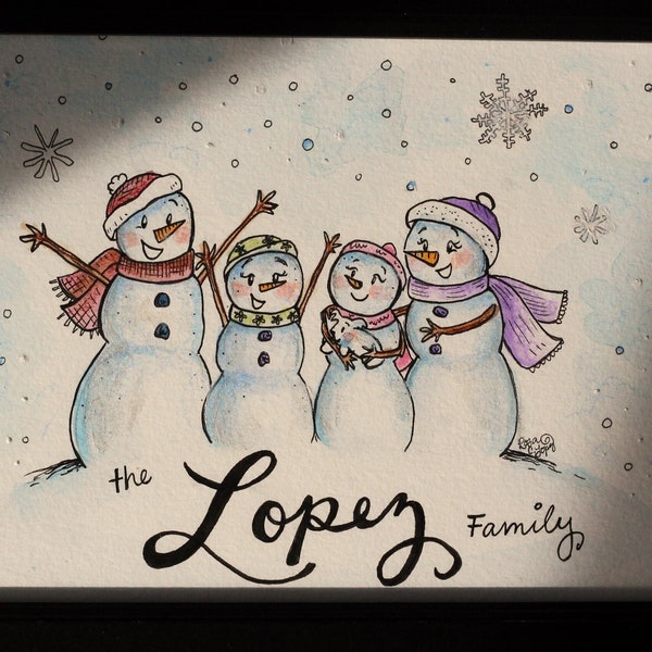 Personalized Snowman Family Illustration, Custom Watercolor Painting, Snowman Family Painting, Personalized Christmas Gift, Christmas Cards
