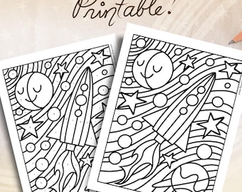 Printable Moon and Rocket Color by Number, Coloring Sheet, Printable Activity Page, Moon Coloring Pages