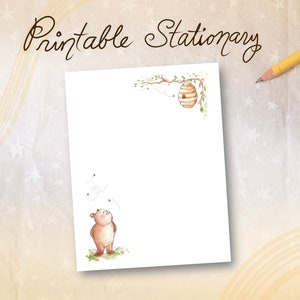 Papelería imprimible de Winnie the Pooh, papelería bonita, membrete de Winnie the Pooh, invitaciones para baby shower de Winnie the Pooh, papelería de abejas