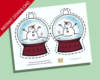 Printable Snow Globe Ornament, Holiday Activity Sheets, DIY Kids Activity Christmas Party Favors, DIY Christmas Decor, Snowman Ornament