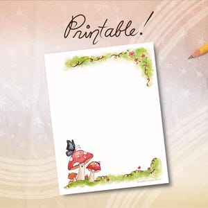 Carta da lettere stampabile con motivo cottage stravaganti, carta da lettere fai da te per la classe, carta da lettere con funghi, simpatica arte con funghi, carta intestata, carta da lettere estiva