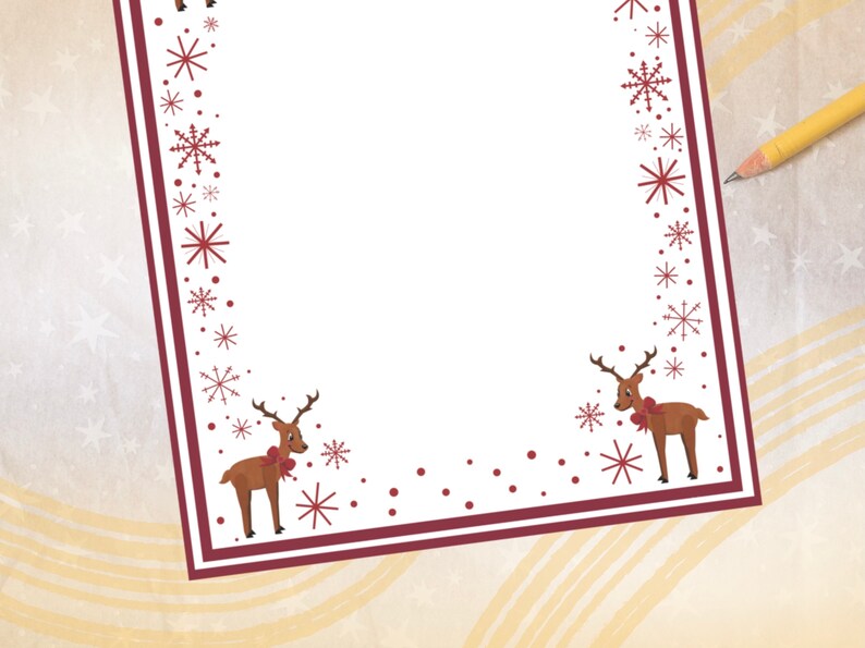 May include: A white stationery sheet with a burgundy border, adorned with snowflakes and reindeer illustrations. A yellow pencil rests on the surface. The design is festive, suitable for holiday-themed notes or letters.