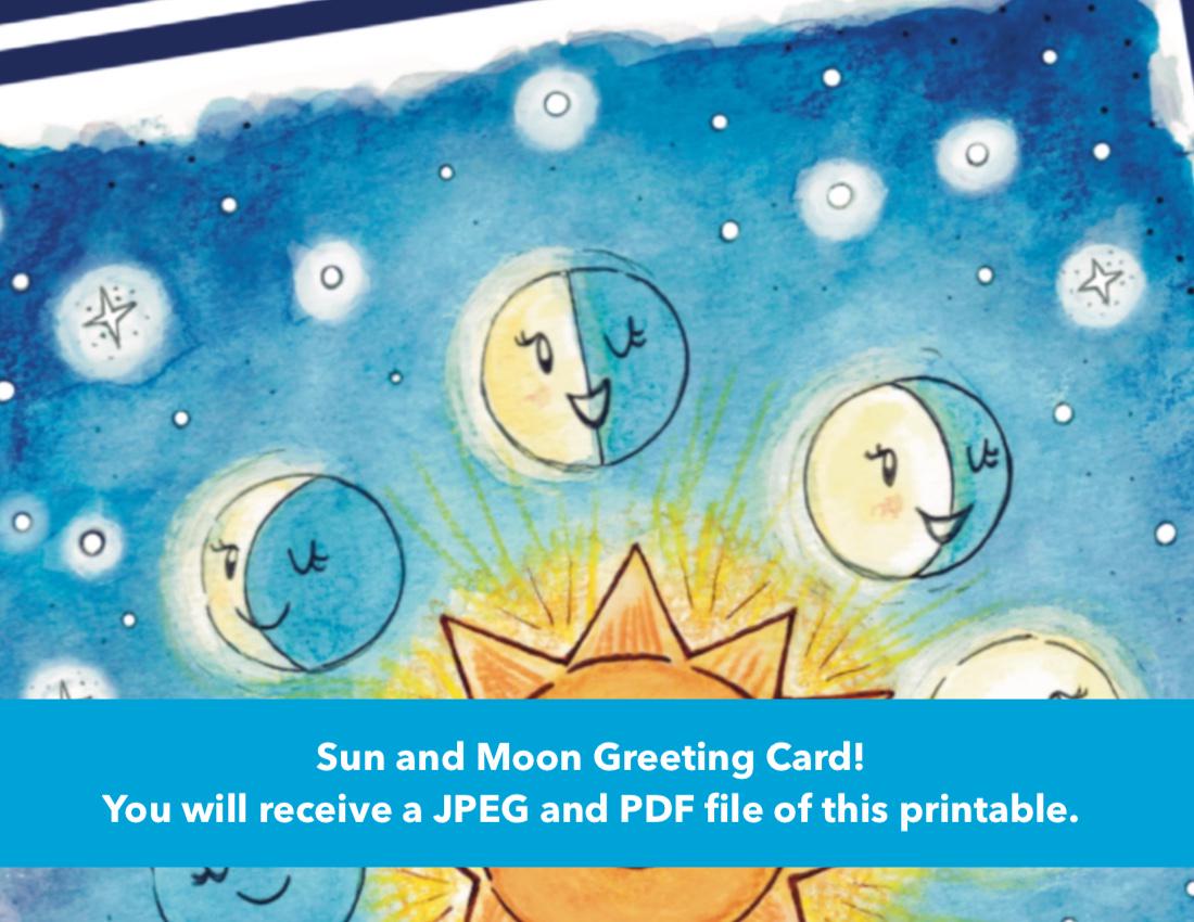 Printable Sun and Moon Card, Summer Notecards, Summer Greeting Card ...