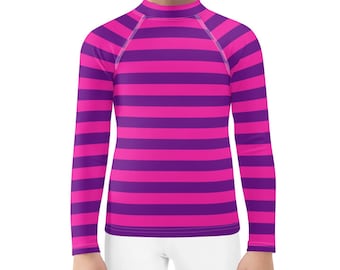 Pink Purple Striped Cheshire Cat Print Costume, Stripe Long Sleeve Shirt, Athletic Rash Guard, Halloween Cosplay Birthday, Pool Activewear