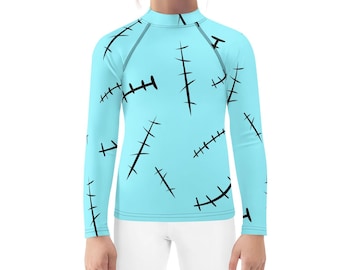 Disfraz infantil de muñeca de trapo con estampado de Sally azul, camiseta de manga larga, camiseta deportiva para Halloween, cosplay, ropa deportiva para piscina