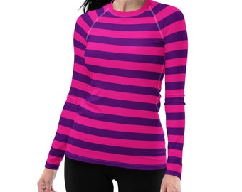 Cheshire Cat Striped Pink Purple Yoga Womens Rash Guard, Halloween Costume Women Long Sleeve Shirt, Running Cosplay Workout Activewear