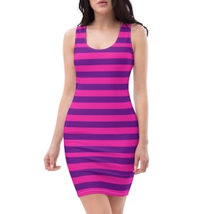 Cheshire Cat Striped Pink Purple Spandex Dress, Woman Halloween Costume, Pink Purple Striped Cat Cosplay Outfit Party