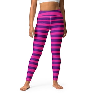 Cheshire Cat Striped Pink Purple Yoga Leggings, Halloween Costume Women Leggings, Running Cosplay Workout Activewear