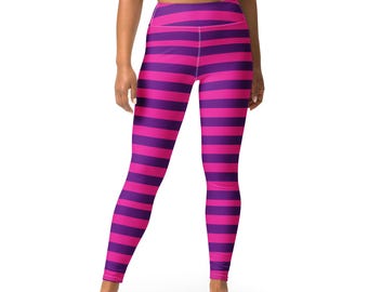 Cheshire Cat Striped Pink Purple Yoga Leggings, Halloween Costume Women Leggings, Running Cosplay Workout Activewear