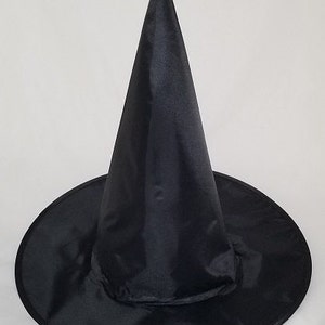 May include: A black witch hat with a tall, pointed cone and a wide brim. The hat is made of a smooth, satiny fabric.