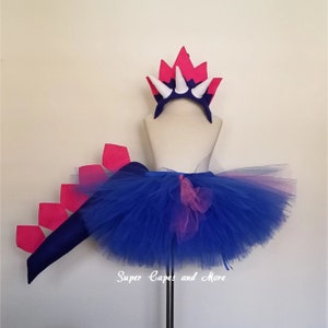 Saia tutu de dinossauro com cauda (faixa de cabeça não incluída)/cauda de dinossauro/fantasia de dinossauro/aniversário de dinossauro/presente de dinossauro (azul royal/roxo/rosa choque)