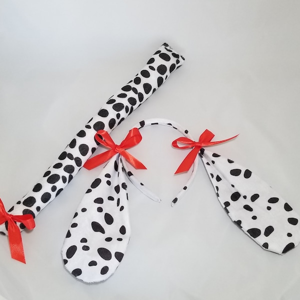 Orejas y cola de dálmata (tela con lunares), diadema con orejas de perro, disfraz de Halloween, recuerdos de fiesta de cumpleaños de dálmata