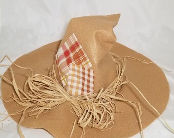Scarecrow Hat with Patches and Raffia/ Halloween Costume/ Photo Props