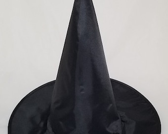 May include: A black witch hat with a tall, pointed cone and a wide brim. The hat is made of a smooth, satiny fabric.