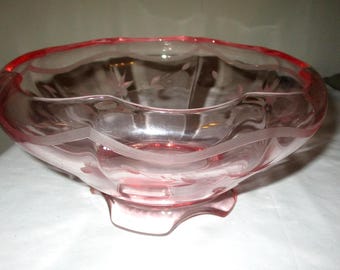 Vintage Pink Glass Etched Footed Bowl With Curled Rim