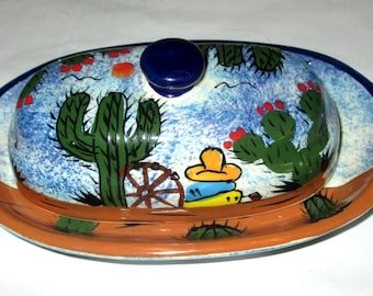 Mexican Talavera Handpainted Butter Dish Desert Cactus & Peasant Scenes
