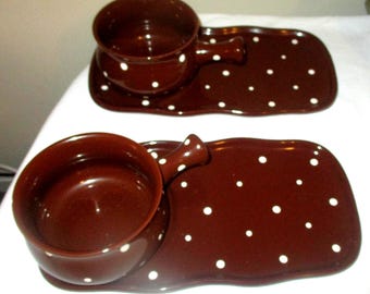 Temptations By Tara Dark Brown Polka Dot Soup Bowl and Sandwich Tray (Set 2)