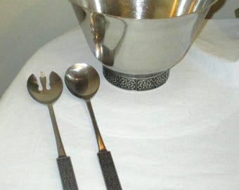 Vintage Stainless Steel Salad Bowl W/Utensils Velvet Pattern by Stanley Roberts