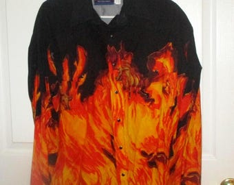 Vintage Wrangler Cowboy Western Fire Flames Designs Shirt Sz L