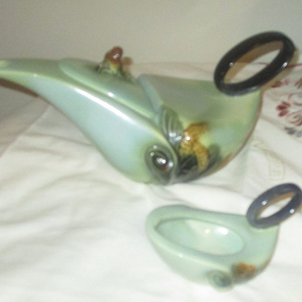 Vintage Unusual Aladdin Style Green & Brown Tea Pot W/Cup W/Hall Frankoma Look