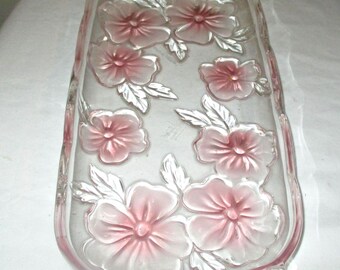 Mikasa Walther Platter Clear Glass With Pink  Frosted Florals