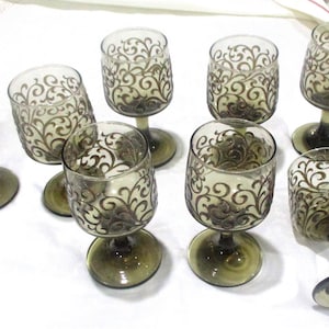 Vintage Libbey Prado Scroll Wine Glasses Brown Design Set 8