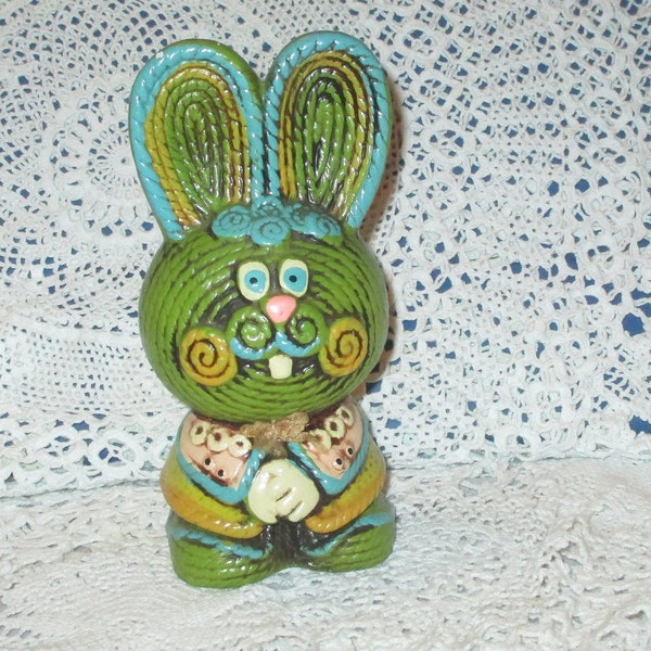 Vintage Rare Lefton Psychedelic Green Rope Look Bunny Rabbit Bank
