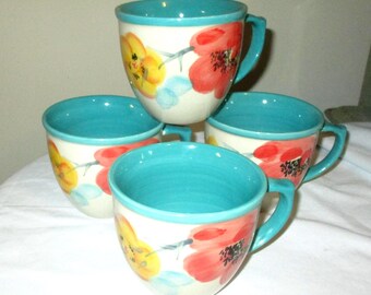 Pioneer Woman Vintage Bloom Floral Mugs W/Teal Color Inside..Set 4