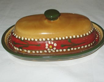 Mexican Talavera Handpainted Butter Dish Brown & Red W/Raised Painted Dots