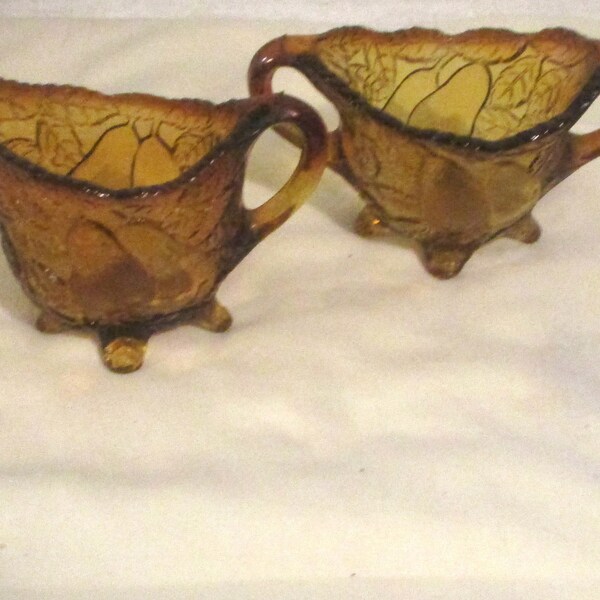 Vintage Indiana Glass Tiara Amber Glass Pear Pattern Footed Creamer & Sugar Set