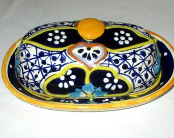 Mexican Talavera Handpainted Butter Dish Cobalt Blue etc W/Raised Painted Dots