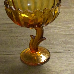 Vintage Indiana Glass  Amber Glass Lotus Flower Stem Candy Pedestal Dish  8 in T