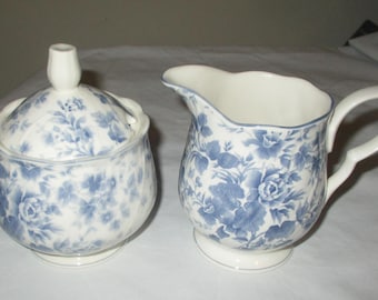 Nikko Blossom Time Blue Tea Rose Creamer and Sugar Set