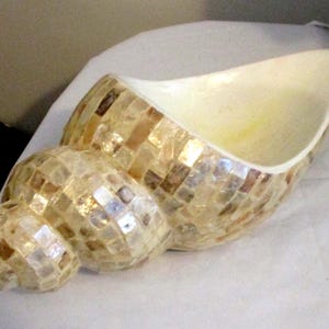 May include: A decorative seashell-shaped bowl. The exterior is covered in a mosaic of iridescent, neutral-toned tiles. The interior is smooth and off-white. The bowl has a large opening and a curved, elongated shape, resembling a conch shell.