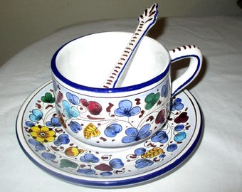 Timr Deruta Italy Large Floral Mug and Saucer Plus Spoon