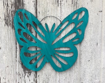 turquoise tin butterfly / rustic tin butterfly / metal garden decor / tin garden decor