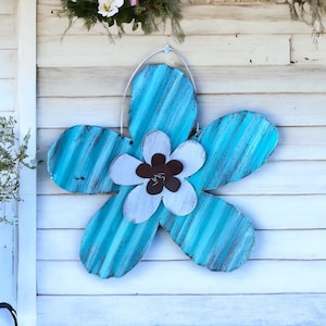 light turquoise corrugated tin flower / rustic tin flower / tin garden decor / metal flower / tin flowers