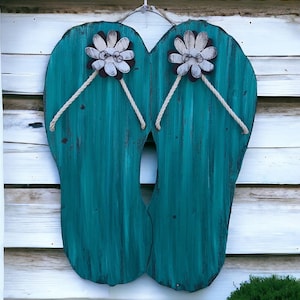 turquoise corrugated tin flip flops / flip flop summer decor / metal flip flops / flip flop garden decor