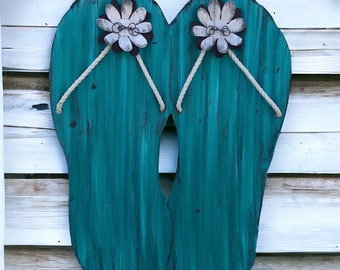 turquoise corrugated tin flip flops / flip flop summer decor / metal flip flops / flip flop garden decor