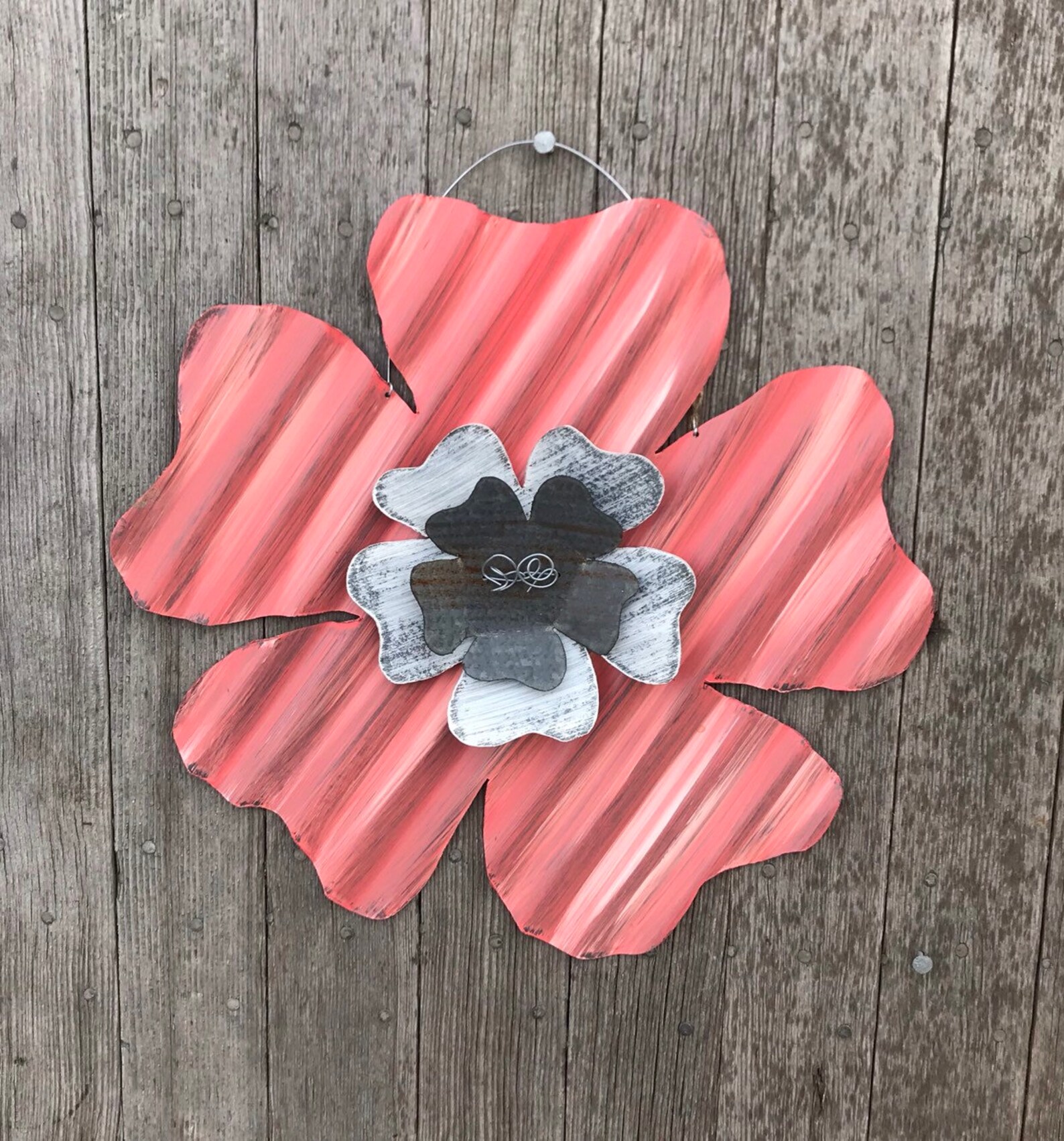 Coral Tin Flower / Corrugated Tin Dogwood Flower / Rusty Tin Etsy