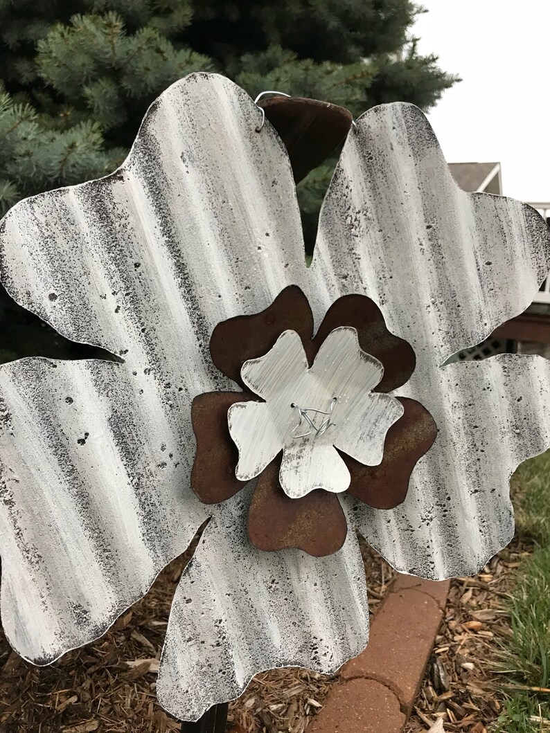 Corrugated Tin Flower / Tin Dogwood Flower / Rustic Garden Etsy