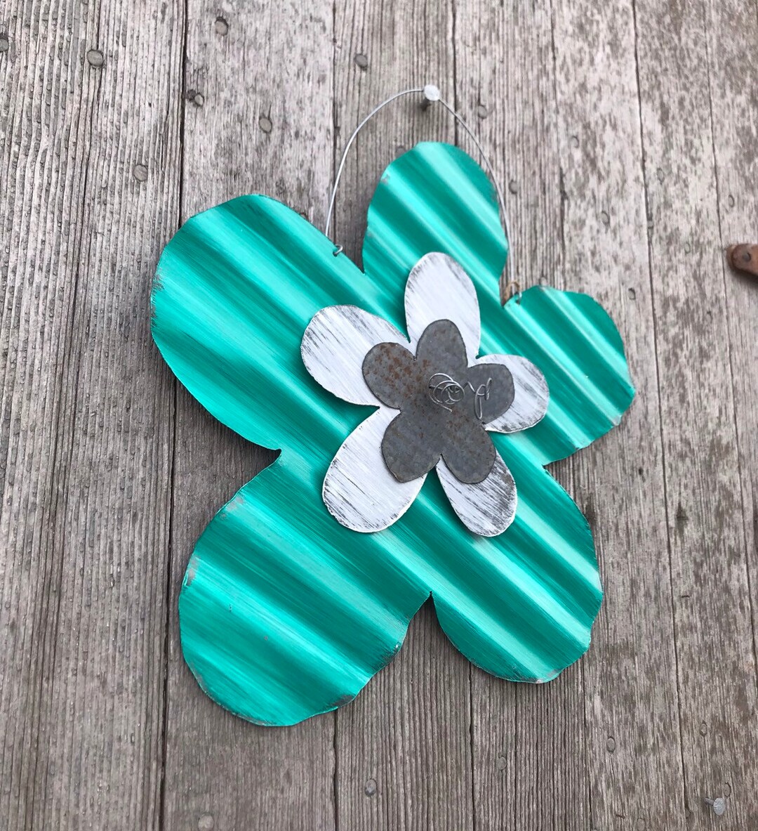 Turquoise Corrugated Tin Flower / Rustic Tin Flower / Rustic Tin Garden