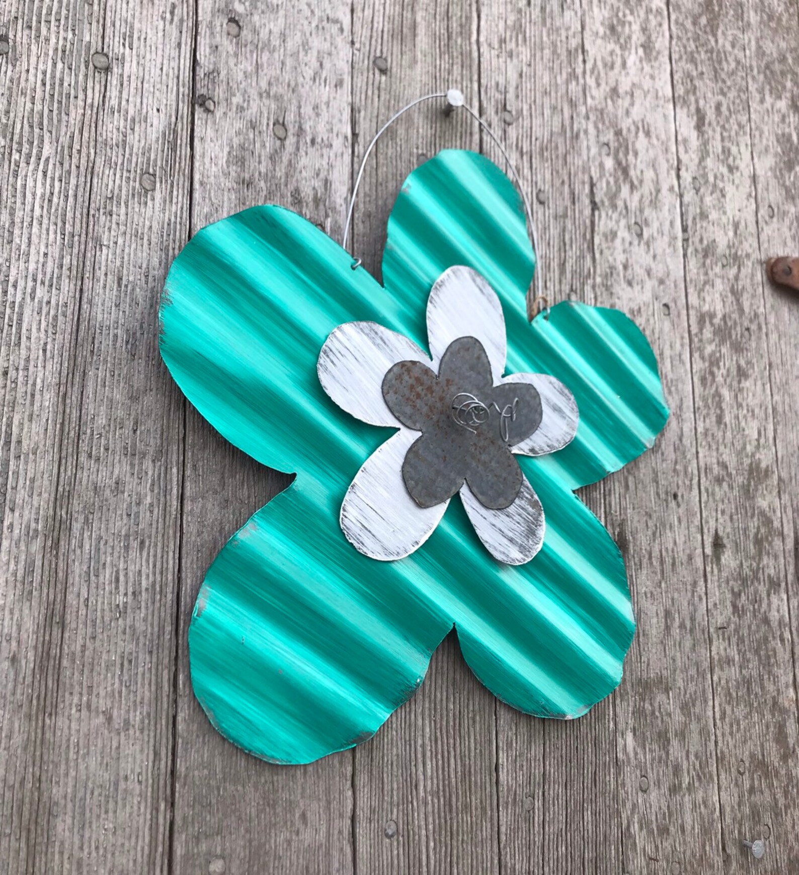 Turquoise Corrugated Tin Flower / Rustic Tin Flower / Rustic Etsy