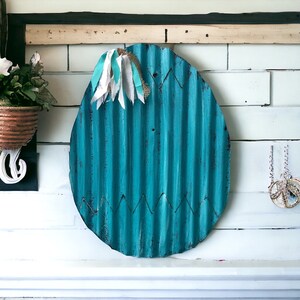 turquoise corrugated tin easter egg / rustic tin easter decorations / shabby easter decor