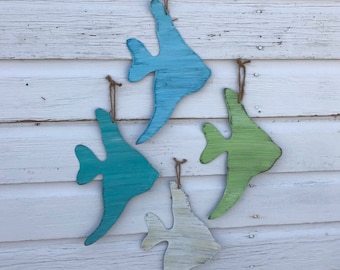 handmade tin angelfish wall hanging / beach bathroom decor / beach house decor / lake house decor