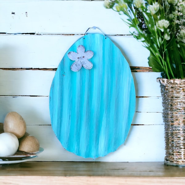 corrugated tin easter egg / turquoise tin easter egg / rustic tin easter decorations / handpainted easter eggs