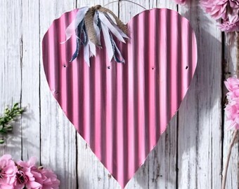 Corazón rosa de hojalata corrugada / Corazón rústico de hojalata corrugada / Corazón de hojalata corrugada / Decoración rústica de hojalata para bodas / Corazón de hojalata para San Valentín